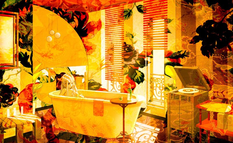 Anime girl in a floral bathroom