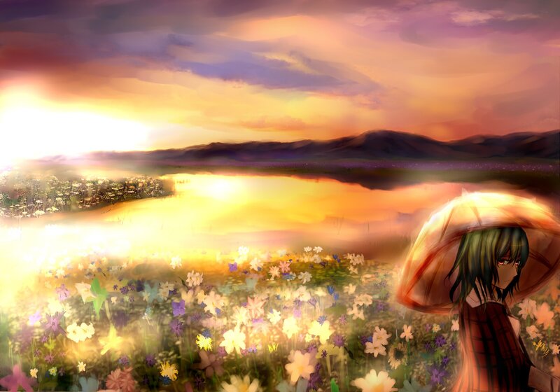 Anime girl in a flower field