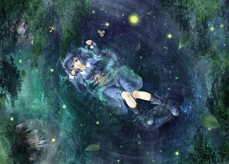 anime girl in a forest stream