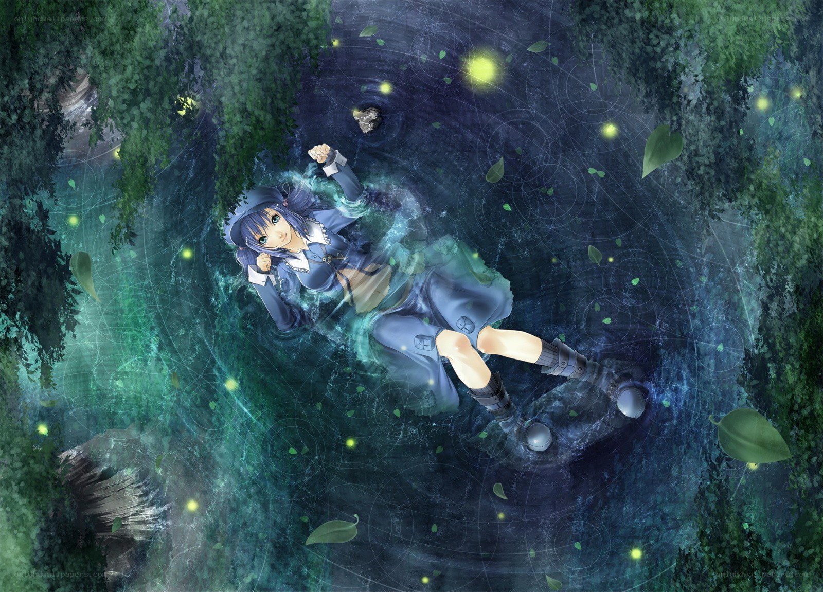 anime girl in a forest stream