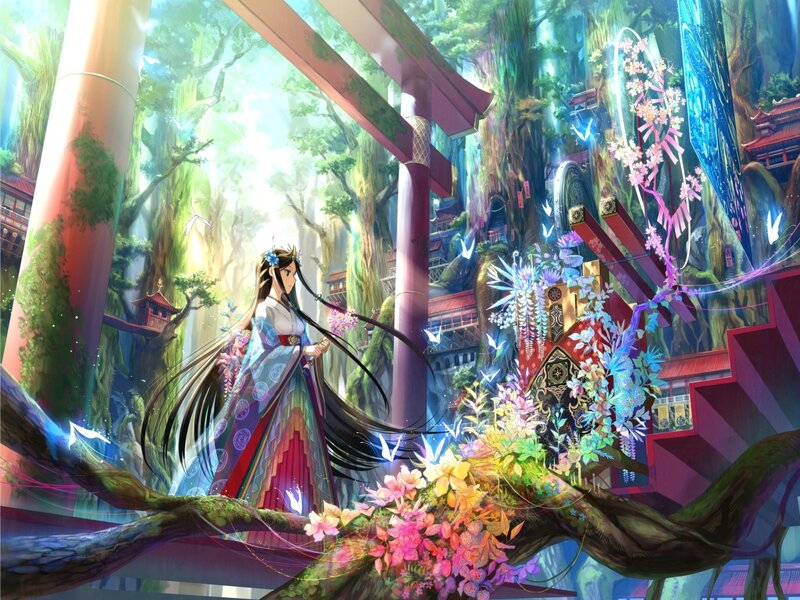Anime girl in a forest temple