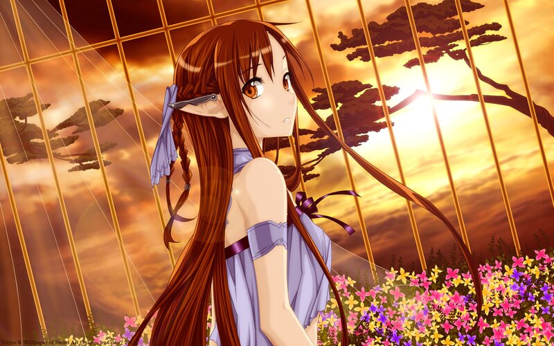 Anime girl in a garden at sunset