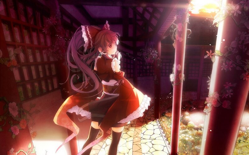 Anime girl in a garden at sunset