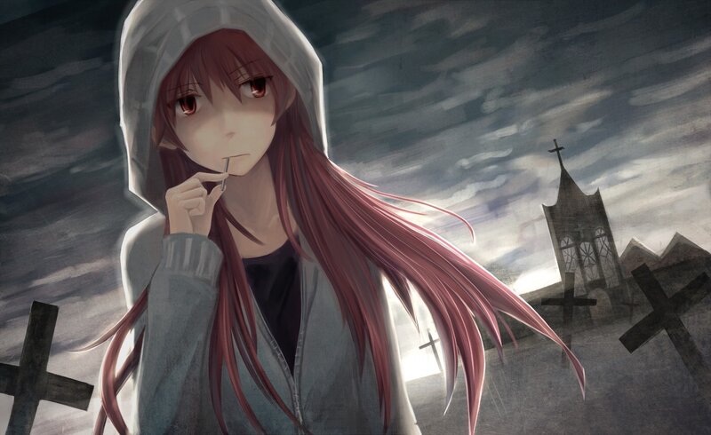 Anime girl in a graveyard