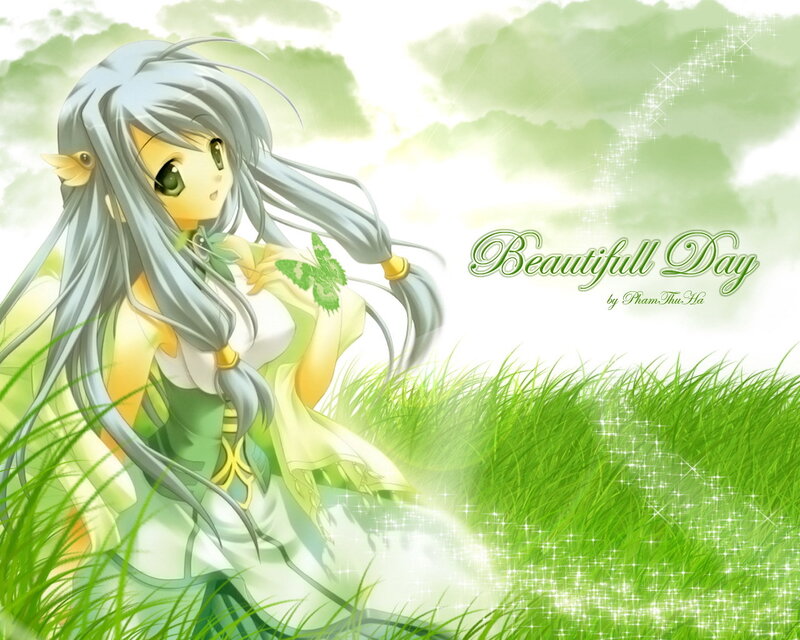 Anime girl in a green field