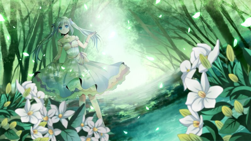 anime girl in a green forest
