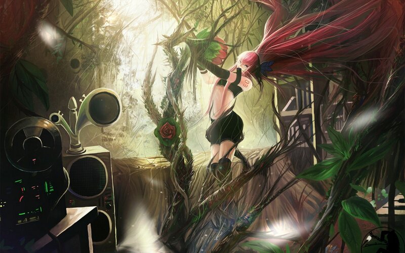 Anime girl in a jungle with music equipment