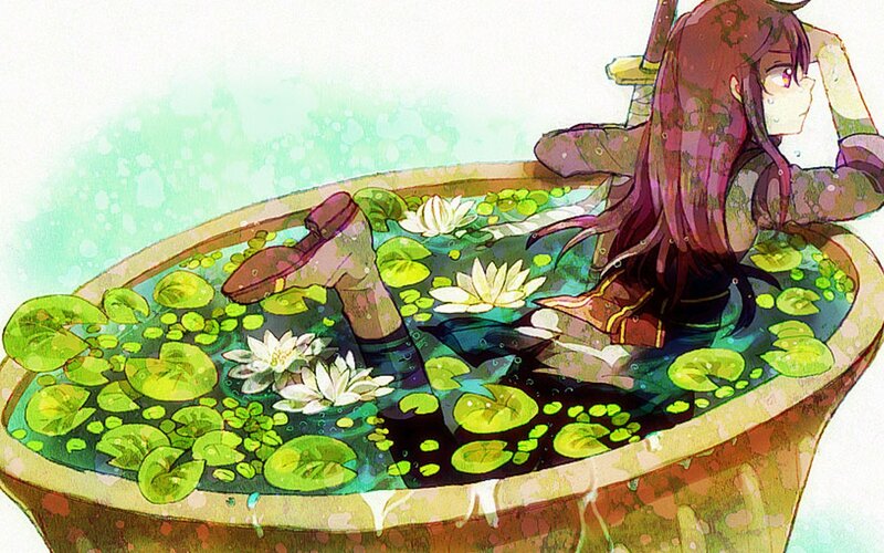 Anime girl in a lily pond