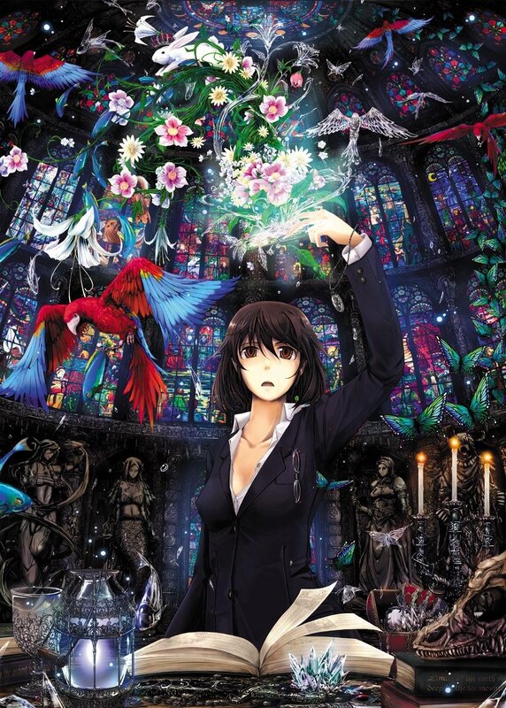 Anime girl in a magical library