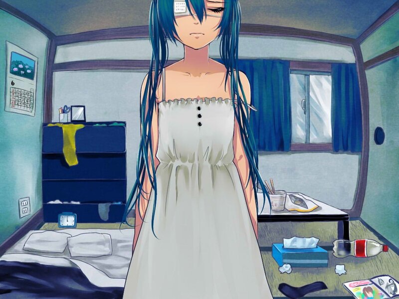 anime girl in a messy room