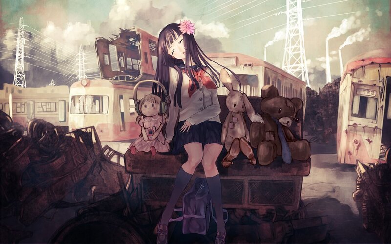 Anime girl in a post-apocalyptic train yard