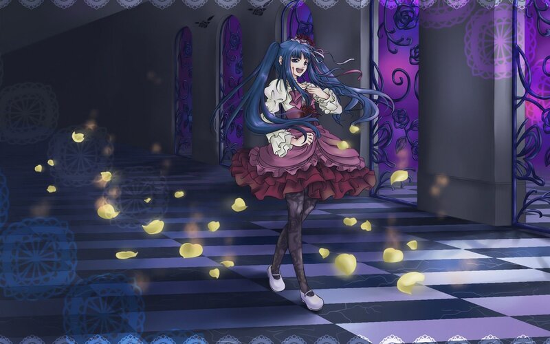 anime girl in a purple hall