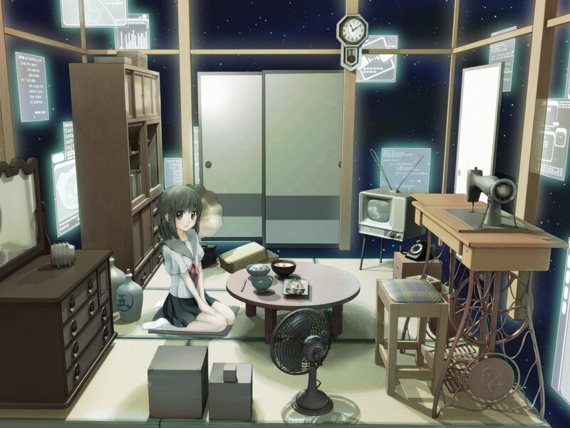 Anime girl in a retro room