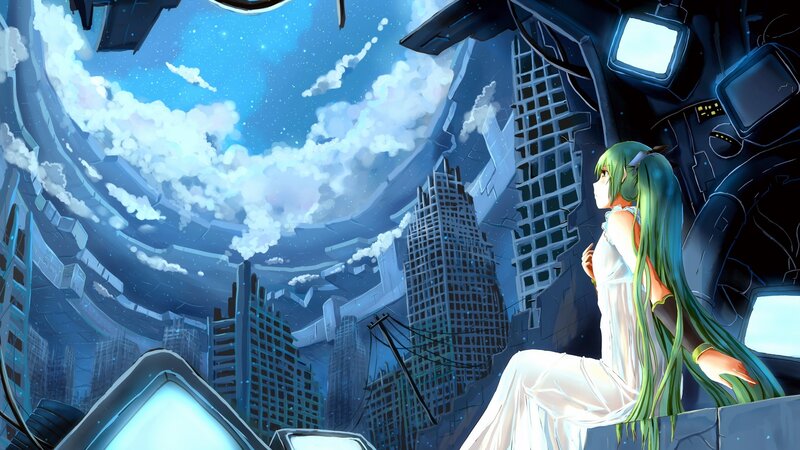 Anime girl in a ruined city
