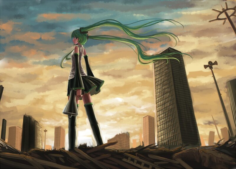 Anime girl in a ruined city