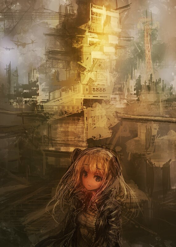 Anime girl in a ruined city