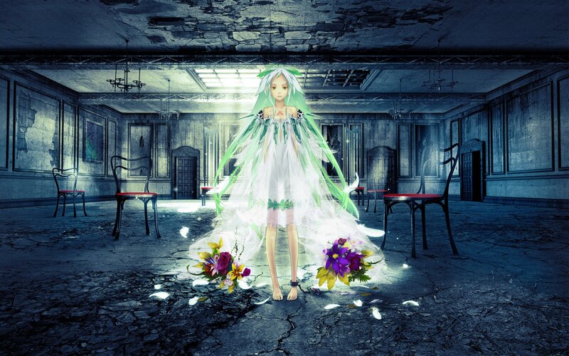 Anime girl in a ruined hall