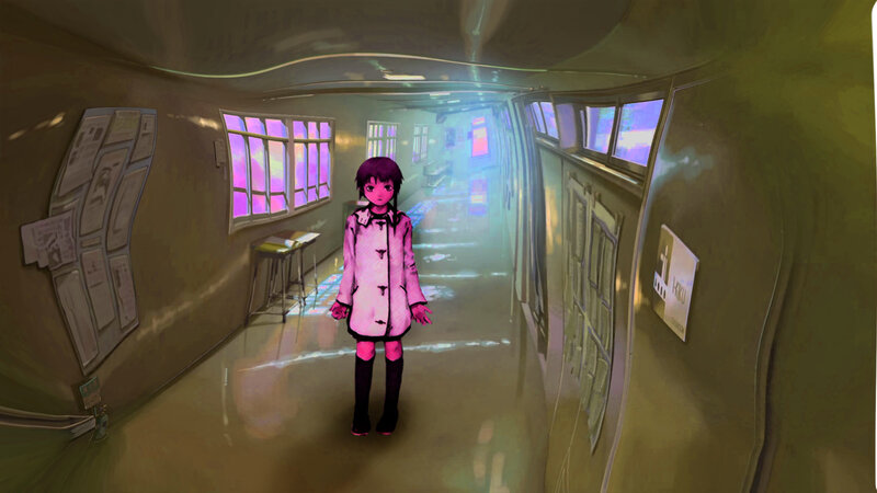 anime girl in a school hallway