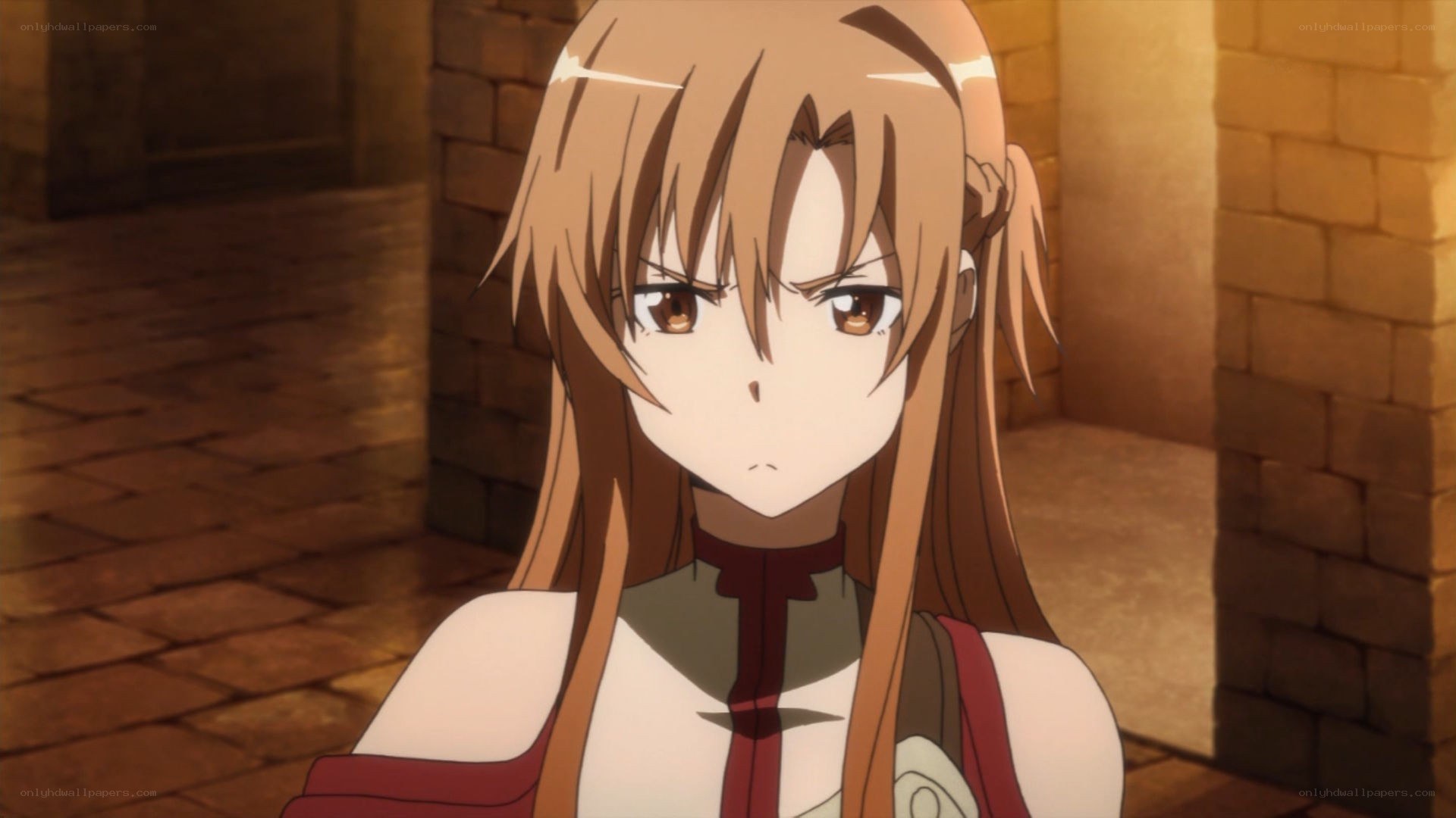 anime girl in a stone corridor