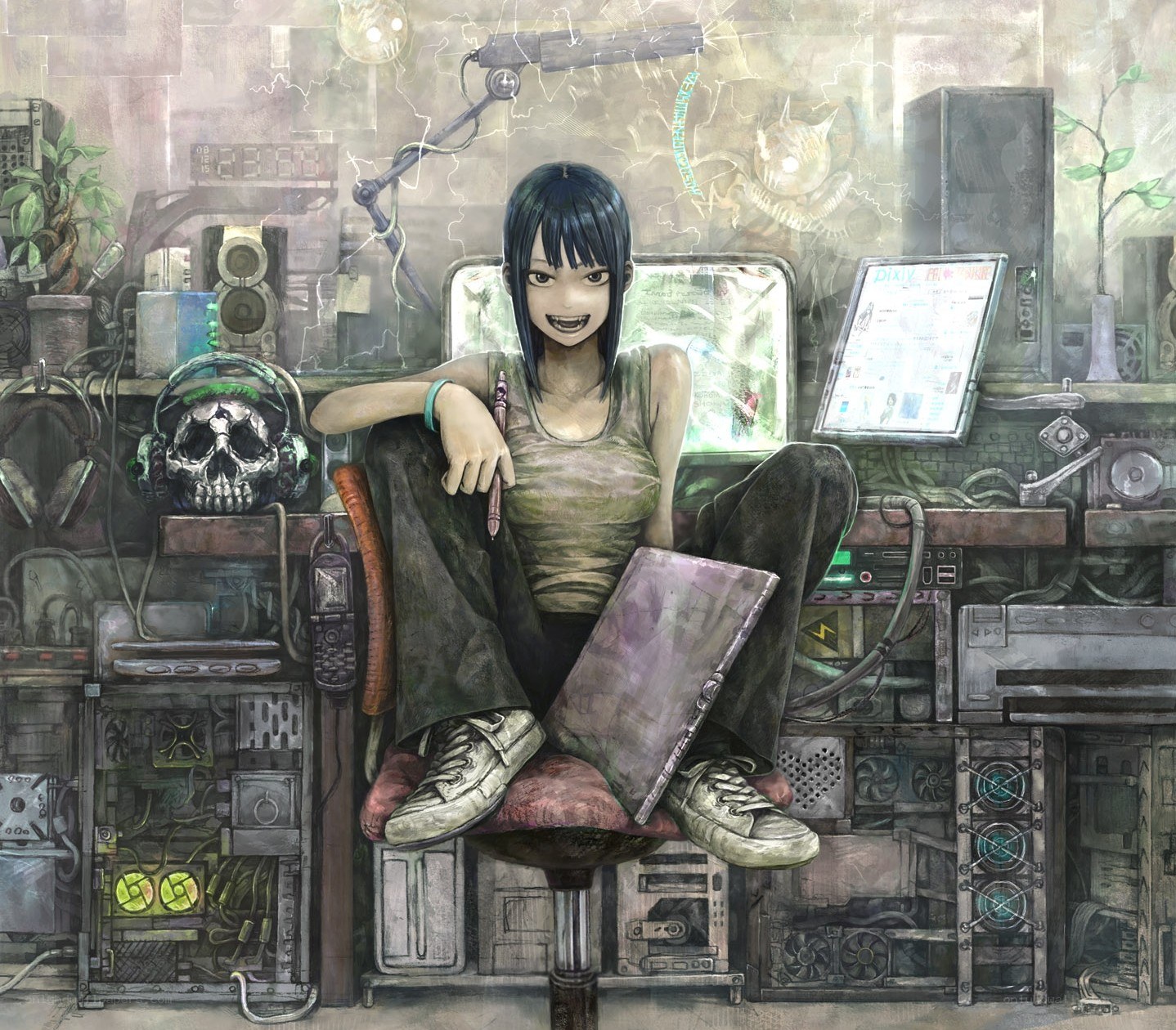 anime girl in a tech workshop