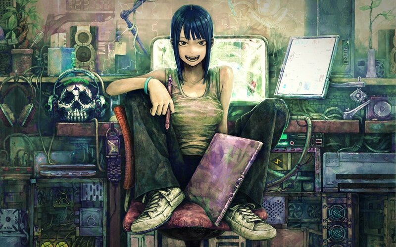 Anime girl in a tech workshop