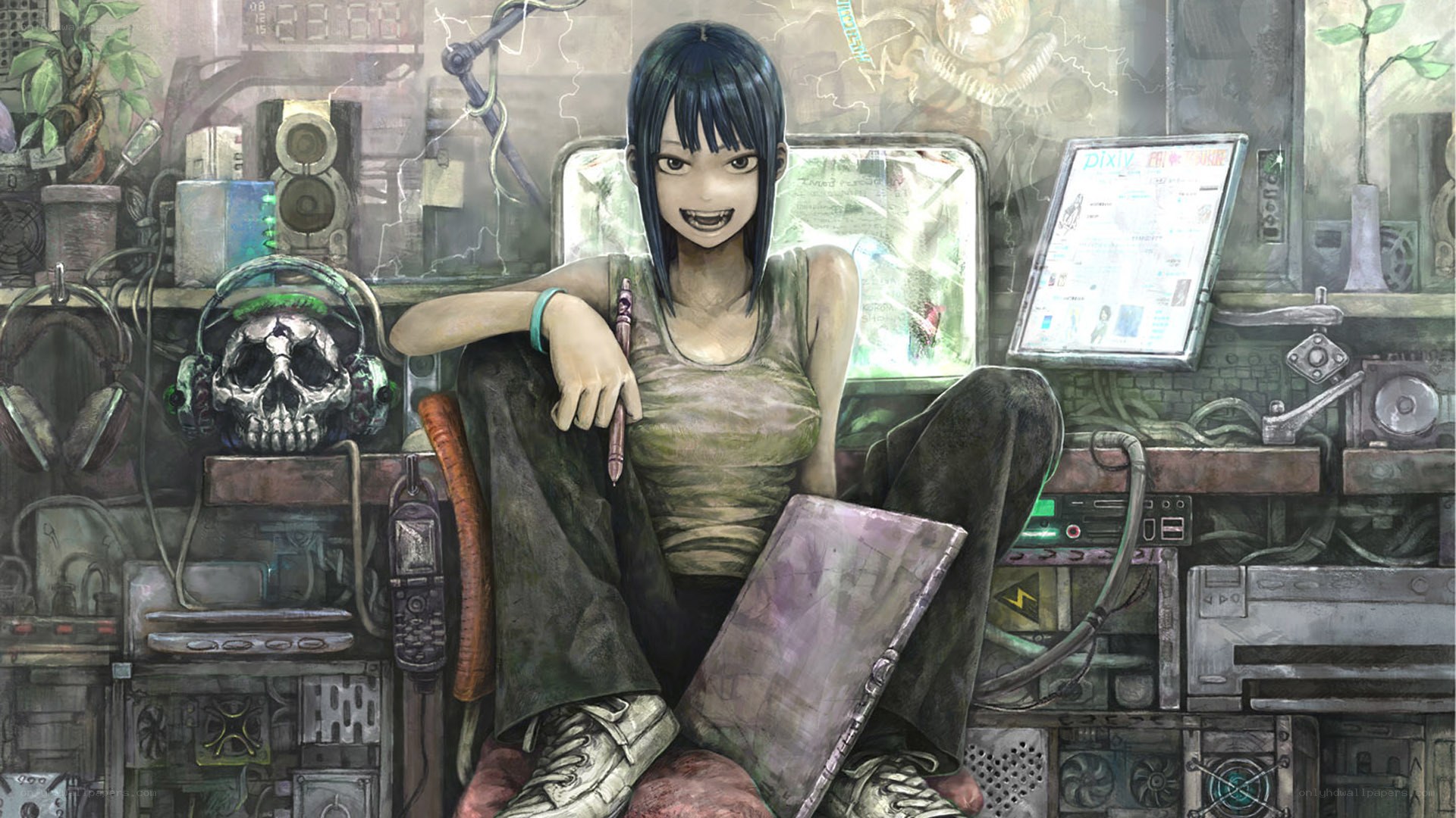 Anime girl in a tech workshop
