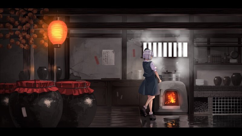 Anime girl in a traditional kitchen
