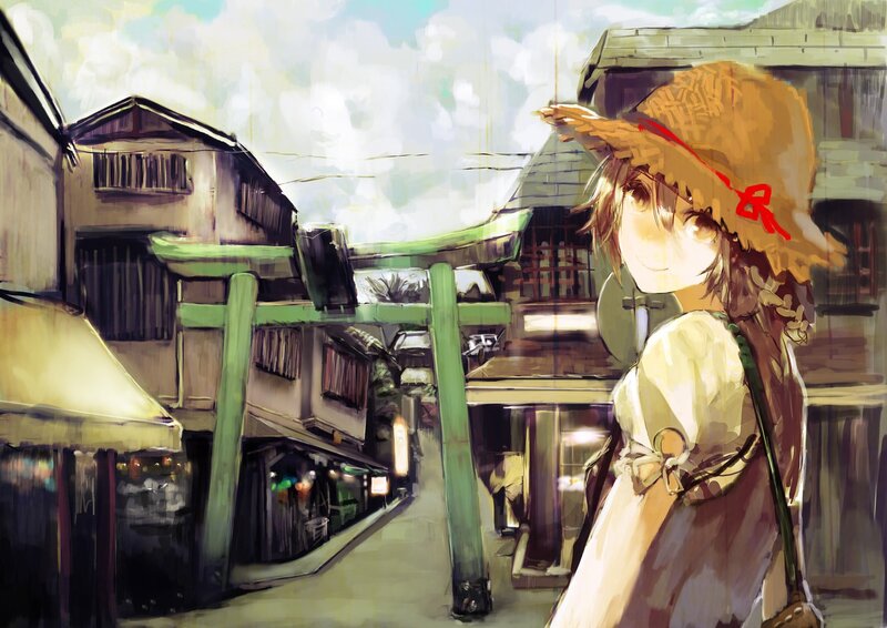 Anime girl in a traditional town