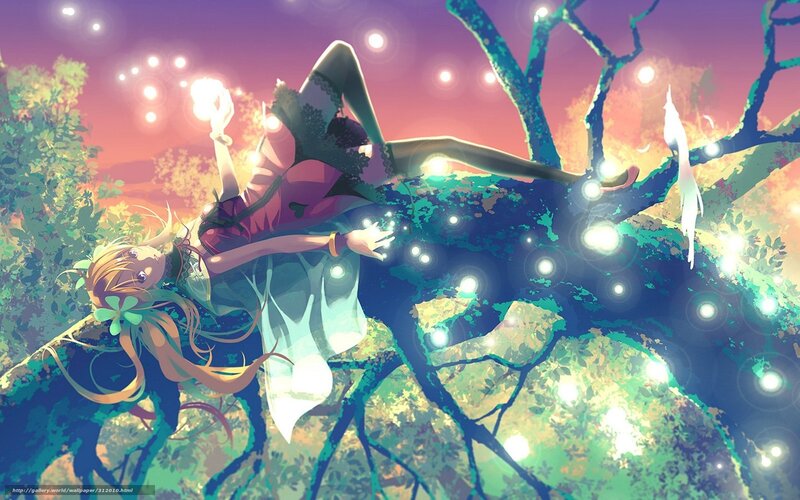 Anime girl in a tree at dusk