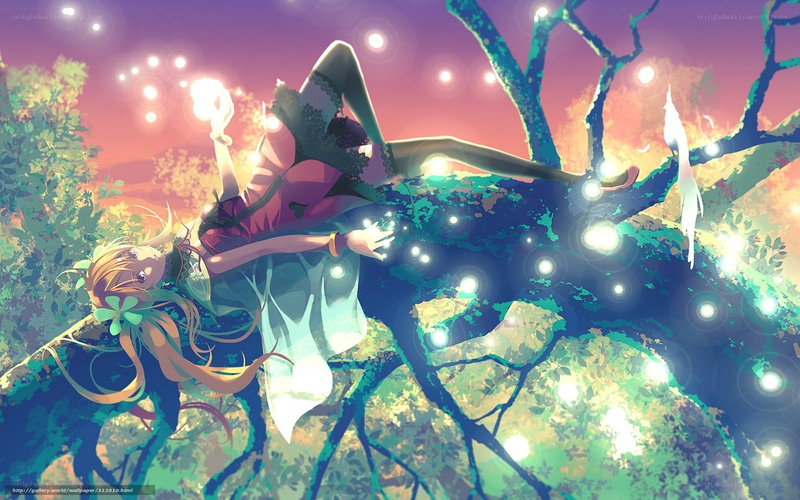 Anime girl in a tree at dusk