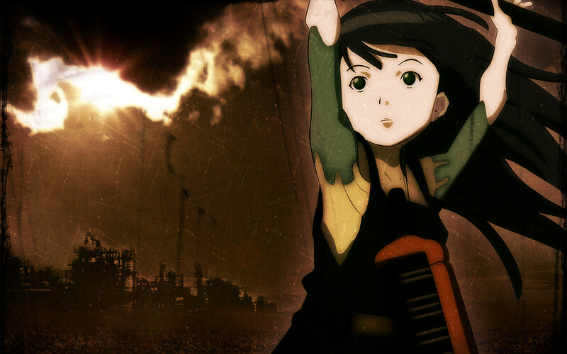anime girl in a war-torn city