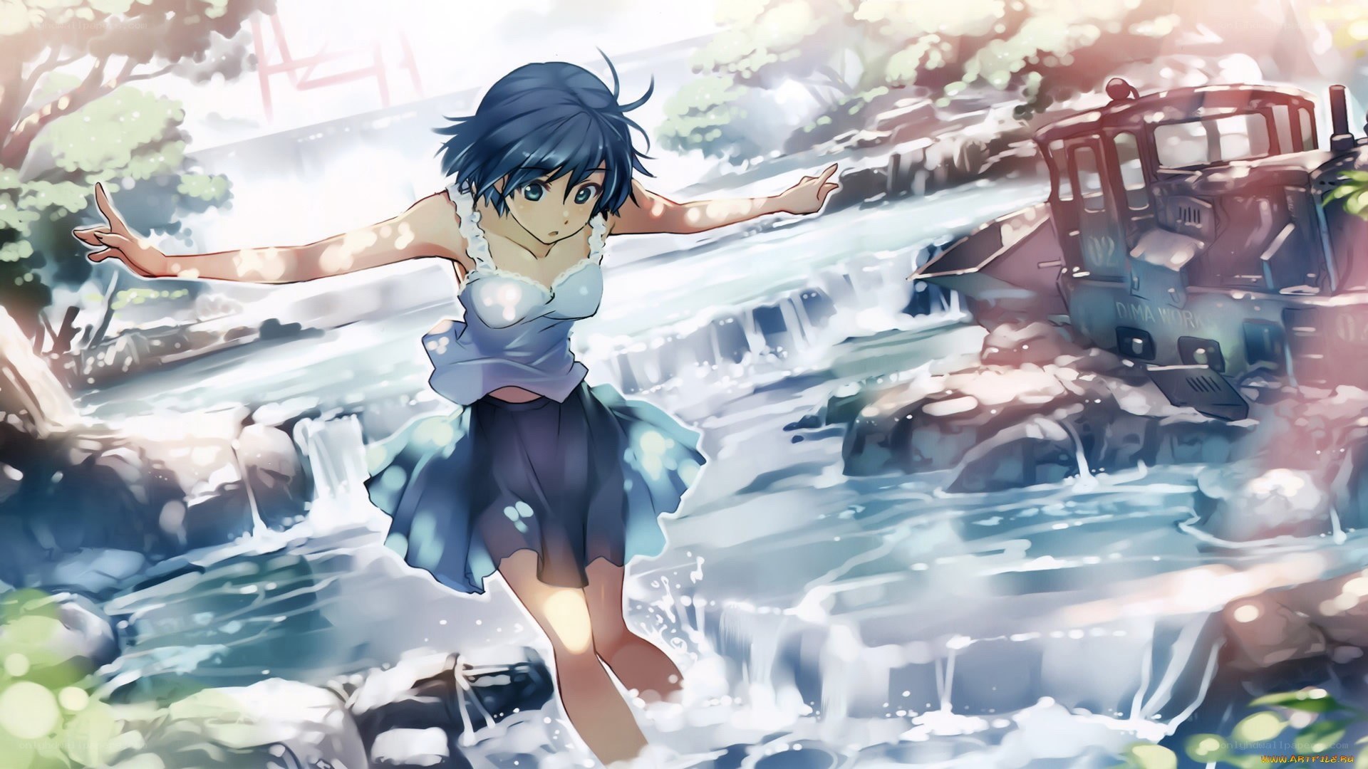 Anime girl in a waterfall