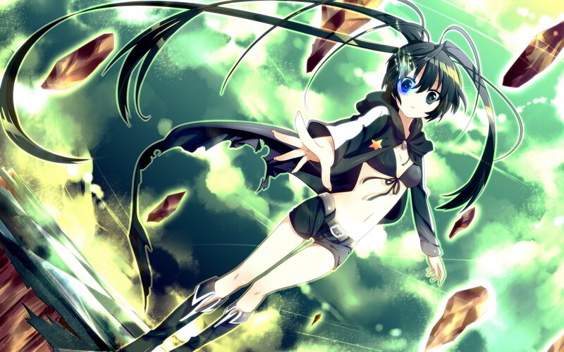 Anime Girl in Action — Green, Dramatic, Long Black Hair