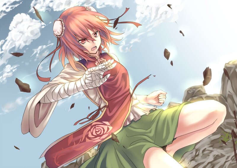 Anime Girl in Action — Red, Dramatic, Afternoon