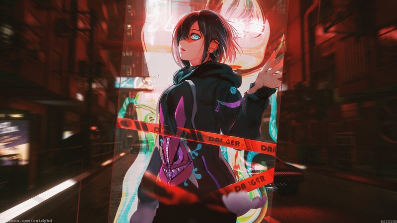 Anime Girl in Alley — Black, Dramatic, Night, Digital Art