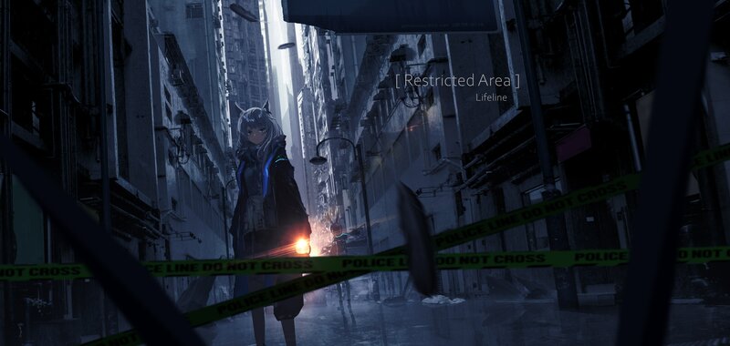 Anime Girl in Alley — Blue, Dramatic, Night, Digital Art, Police Tape