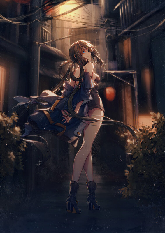Anime Girl in Alley — Blue, Dramatic, Night, Digital Art, Street Light