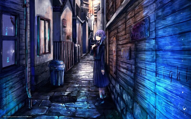 Anime Girl in Alley — Blue, Melancholic, Night