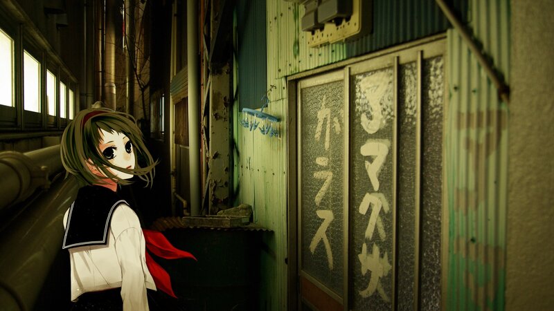 Anime Girl in Alley — Green, Dramatic, Night
