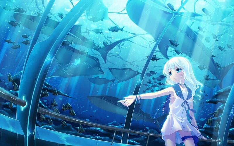 Anime Girl in Aquarium — Blue, Serene, Digital Art, Fish