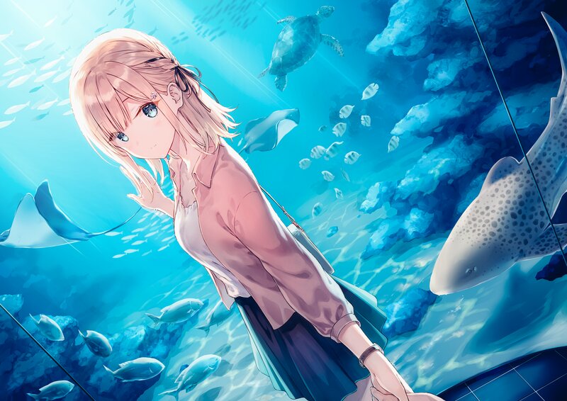 Anime Girl in Aquarium — Blue, Serene, Digital Art, Fish, Turtle
