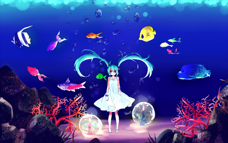 Anime Girl in Aquarium — Blue, Serene, Digital Art