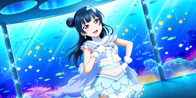 Anime Girl in Aquarium — Blue, Serene, Fish, Coral, Bubbles