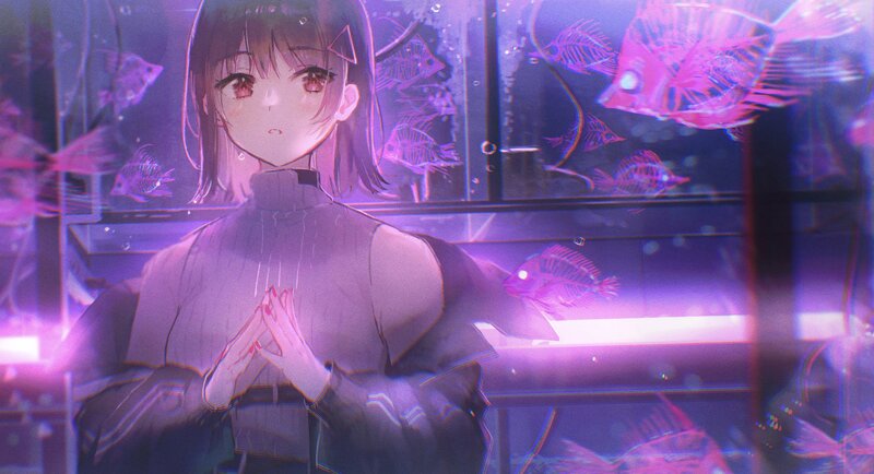 Anime Girl in Aquarium — Purple, Mysterious