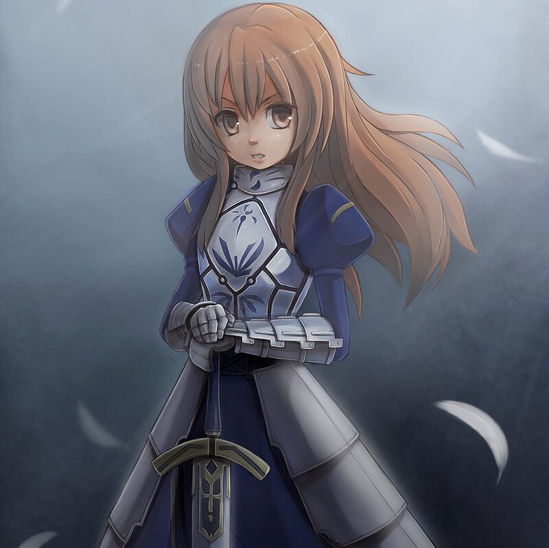 Anime Girl in Armor — Blue, Dramatic, Digital Art, Sword