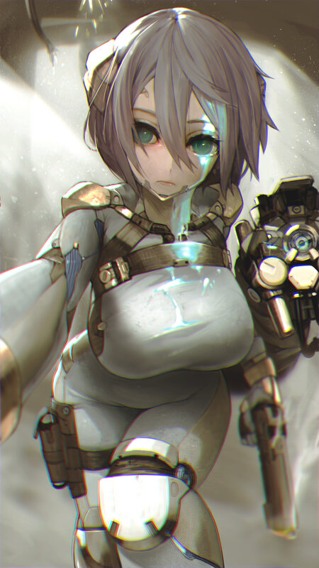 Anime Girl in Armor — Gray, Dramatic, Digital Art