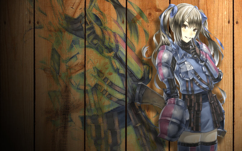anime girl in armor on wood