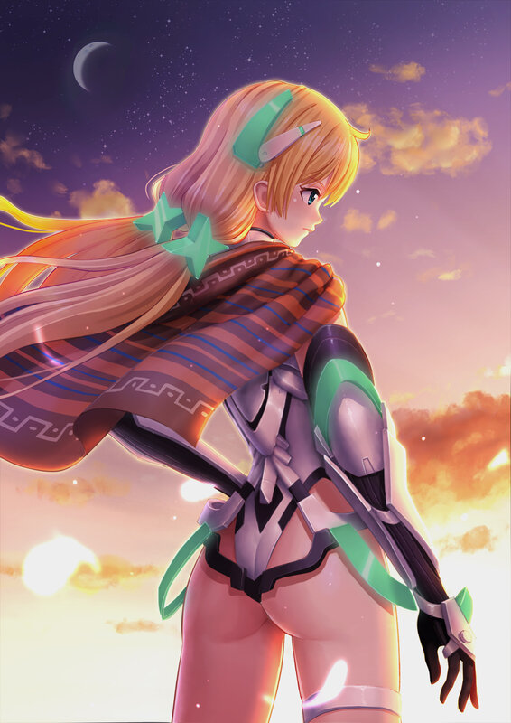 Anime Girl in Armor — Purple, Dramatic, Sunset, Digital Art