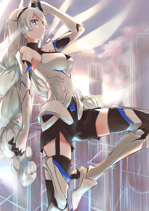 Anime Girl in Armor — White, Dramatic, Sunset