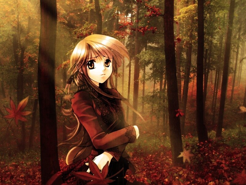 Anime girl in autumn forest
